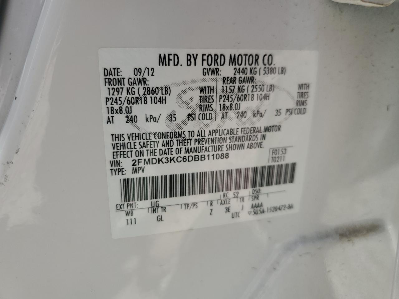 2013 Ford Edge Limited VIN: 2FMDK3KC6DBB11088 Lot: 56847895