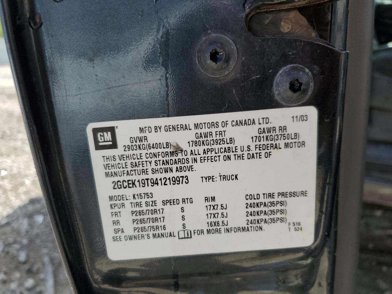 2004 Chevrolet Silverado K1500 VIN: 2GCEK19T941219973 Lot: 56879505