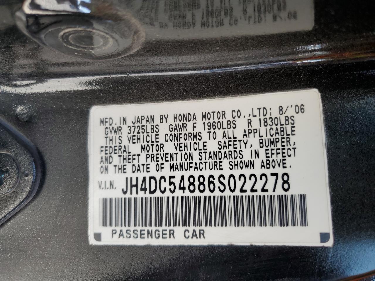 2006 Acura Rsx VIN: JH4DC54886S022278 Lot: 56065495