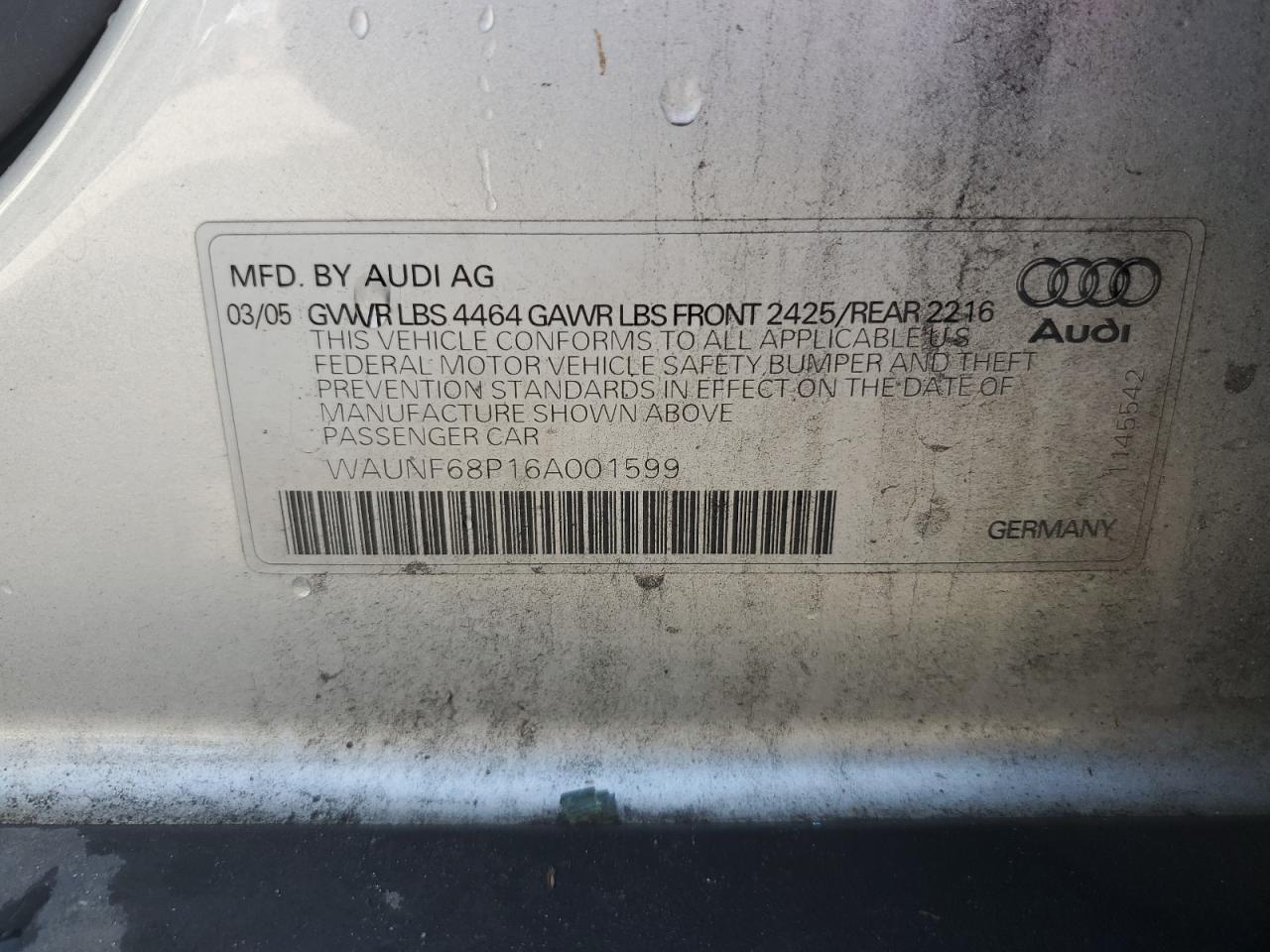 2006 Audi A3 2.0 Premium VIN: WAUNF68P16A001599 Lot: 56984935