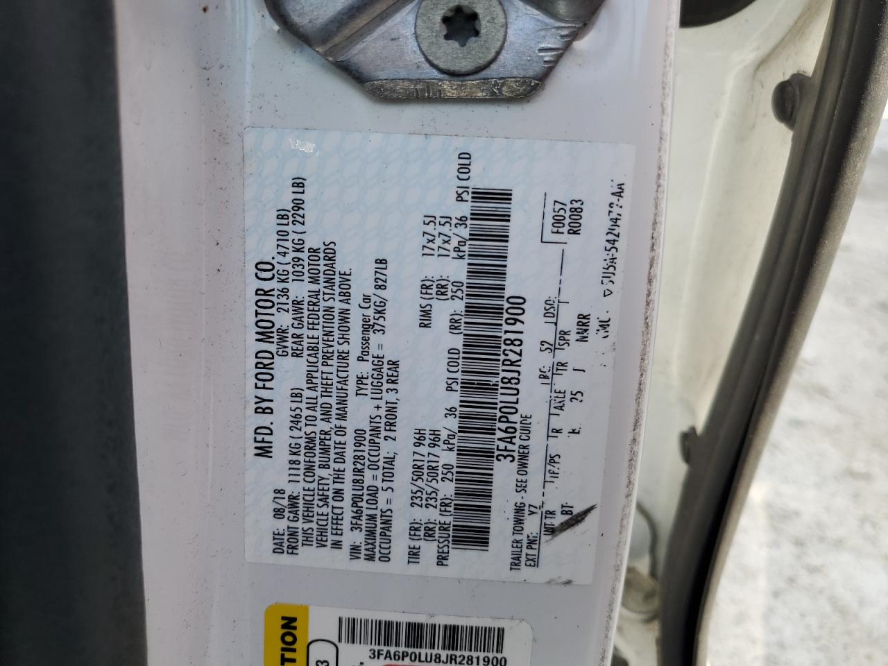 2018 Ford Fusion Se Hybrid VIN: 3FA6P0LU8JR281900 Lot: 54033895