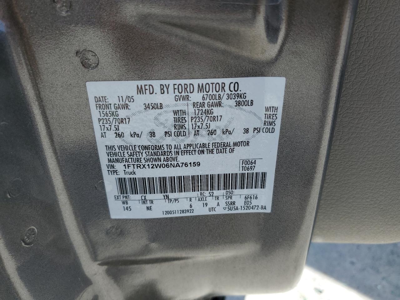 2006 Ford F150 VIN: 1FTRX12W06NA76159 Lot: 56449945