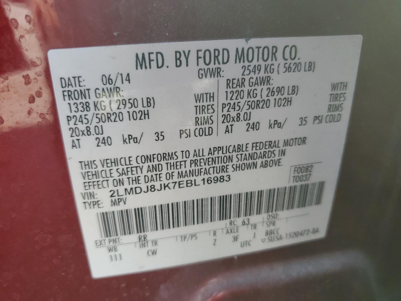 2014 Lincoln Mkx VIN: 2LMDJ8JK7EBL16983 Lot: 56505335