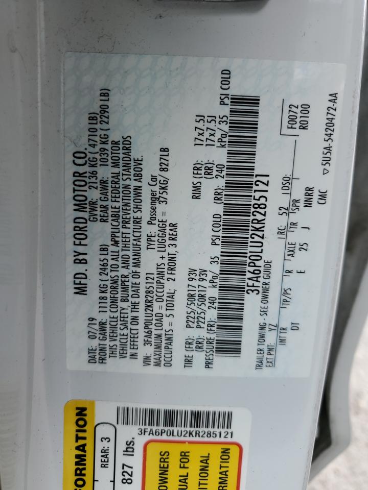 2019 Ford Fusion Se VIN: 3FA6P0LU2KR285121 Lot: 54029025