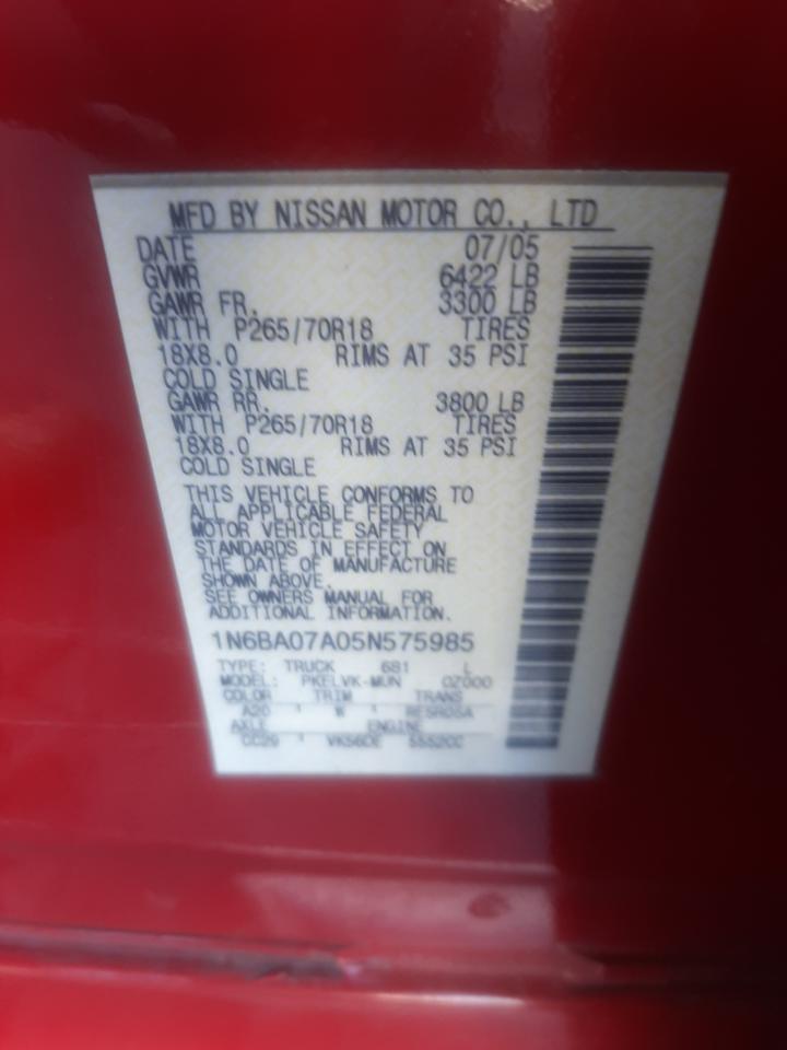 2005 Nissan Titan Xe VIN: 1N6BA07A05N575985 Lot: 55519625