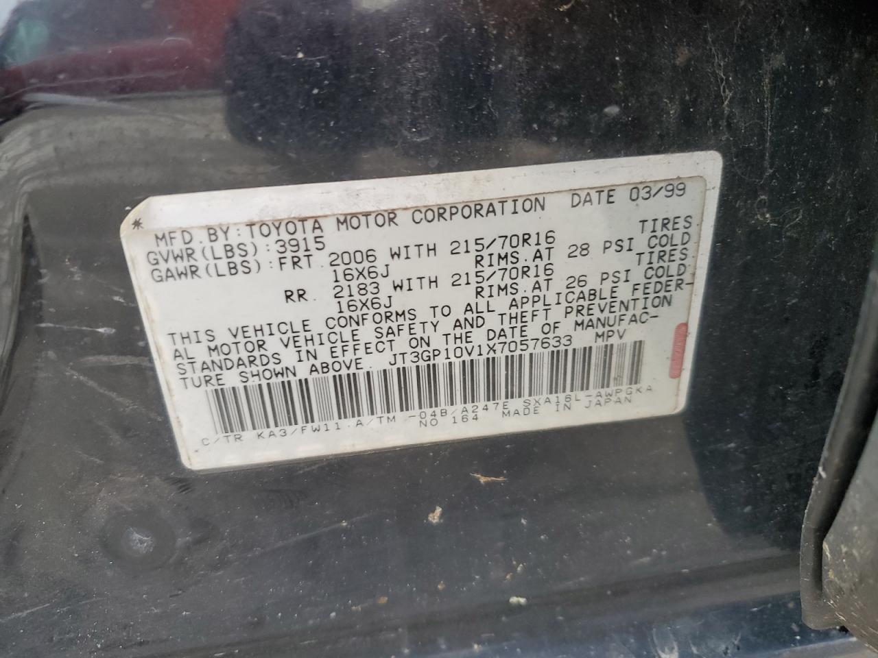 1999 Toyota Rav4 VIN: JT3GP10V1X7057633 Lot: 58036185