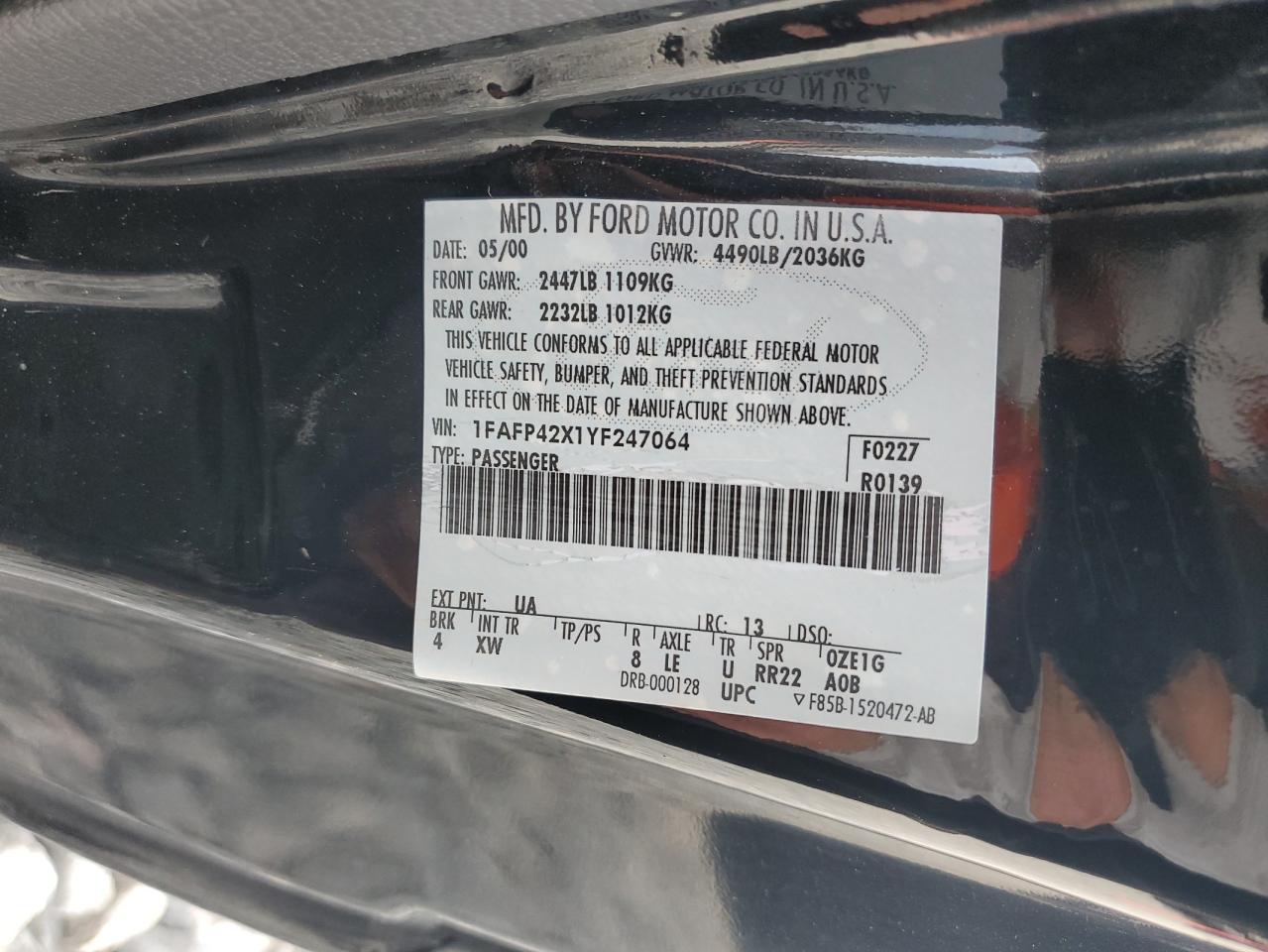 2000 Ford Mustang Gt VIN: 1FAFP42X1YF247064 Lot: 56169385