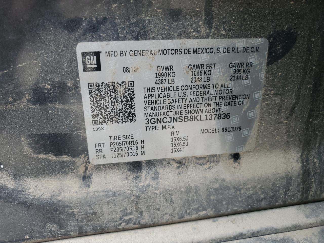 2019 Chevrolet Trax Ls VIN: 3GNCJNSB8KL137836 Lot: 56178695