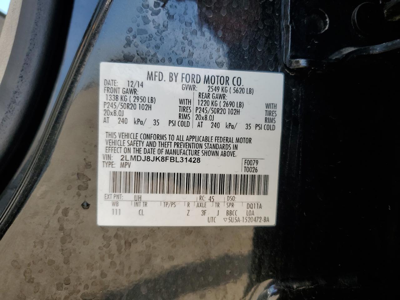 2015 Lincoln Mkx VIN: 2LMDJ8JK8FBL31428 Lot: 56863655