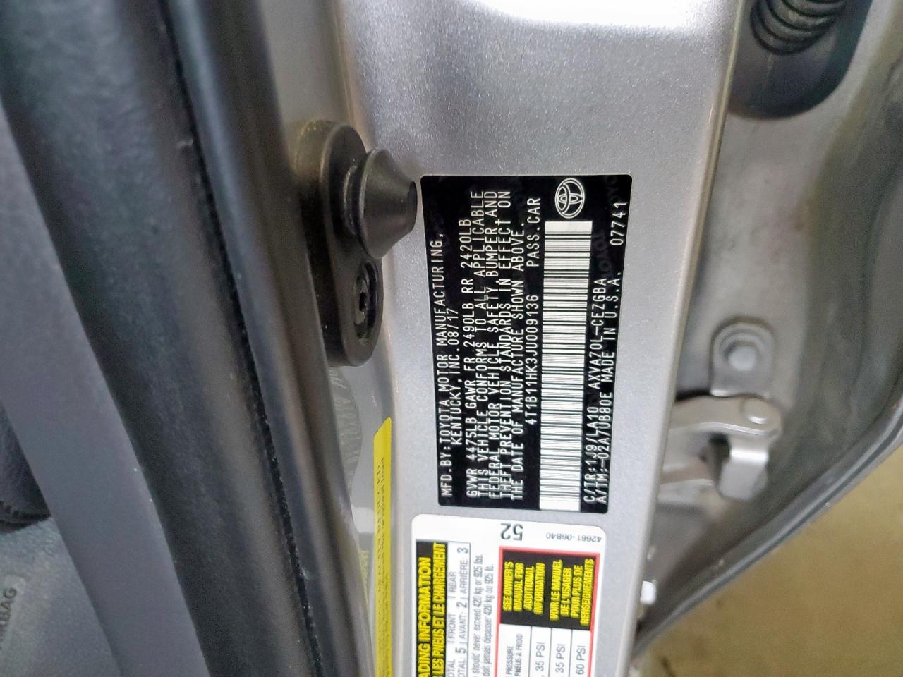2018 Toyota Camry L VIN: 4T1B11HK3JU009136 Lot: 58632575