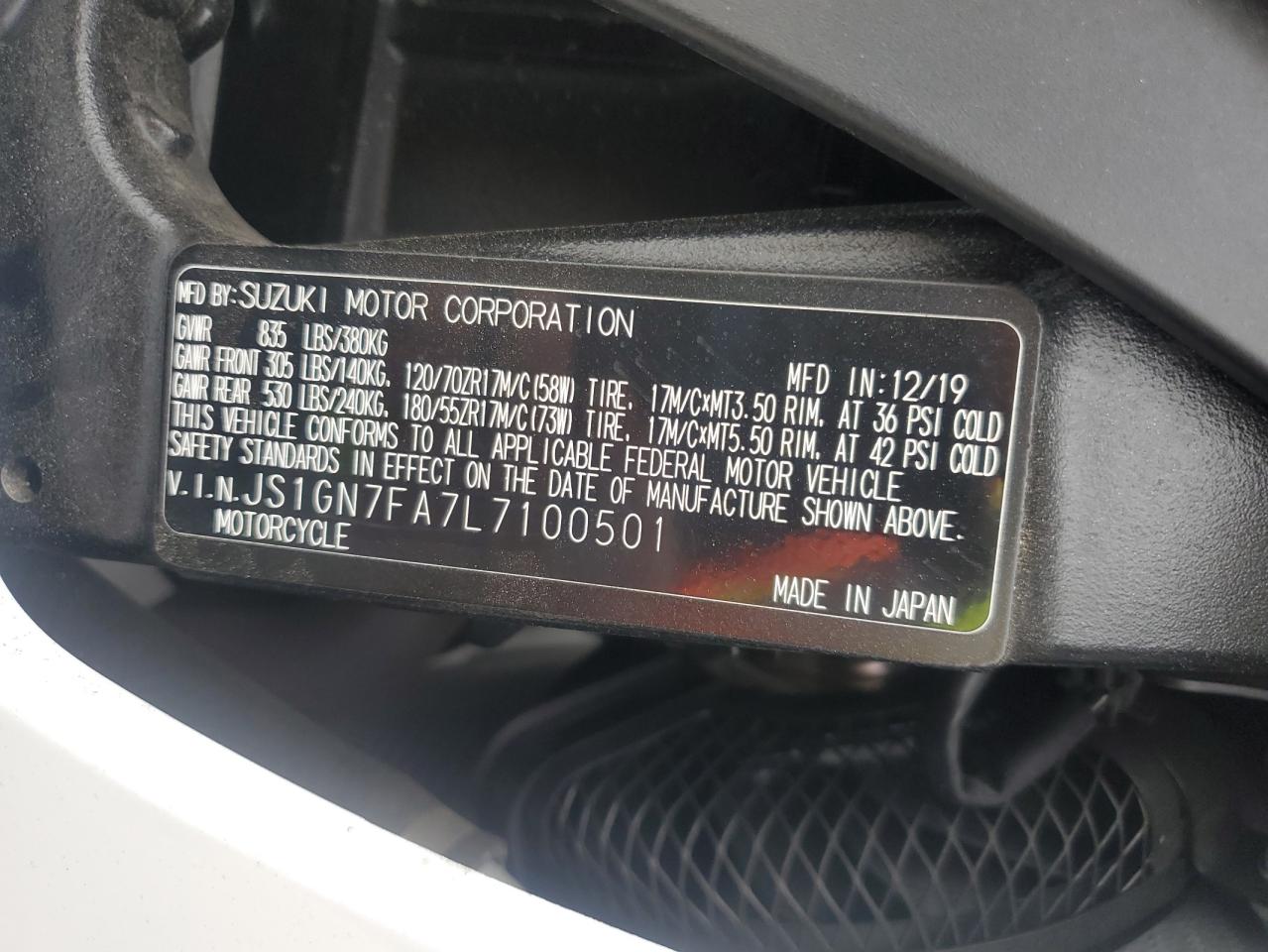 js1gn7fa7l7100501 JS1GN7FA7L7100501 2020 Suzuki Gsx-R600