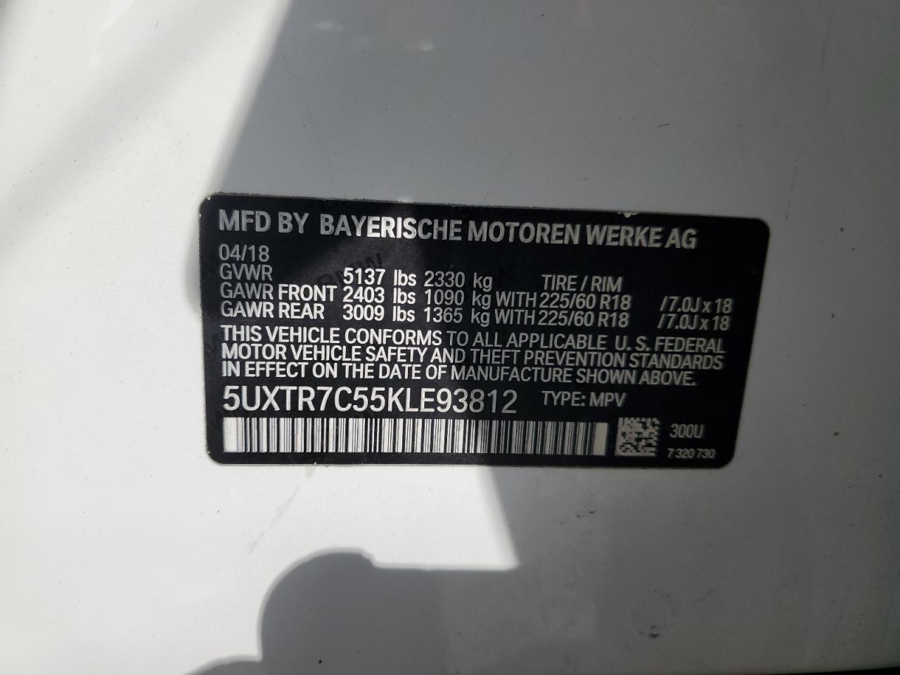 2019 BMW X3 Sdrive30I VIN: 5UXTR7C55KLE93812 Lot: 57480285