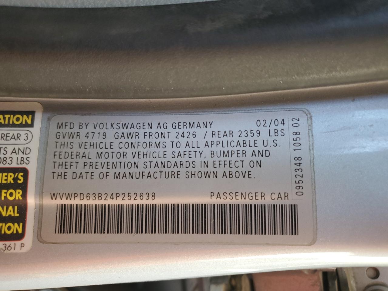 2004 Volkswagen Passat Gls VIN: WVWPD63B24P252638 Lot: 54247995