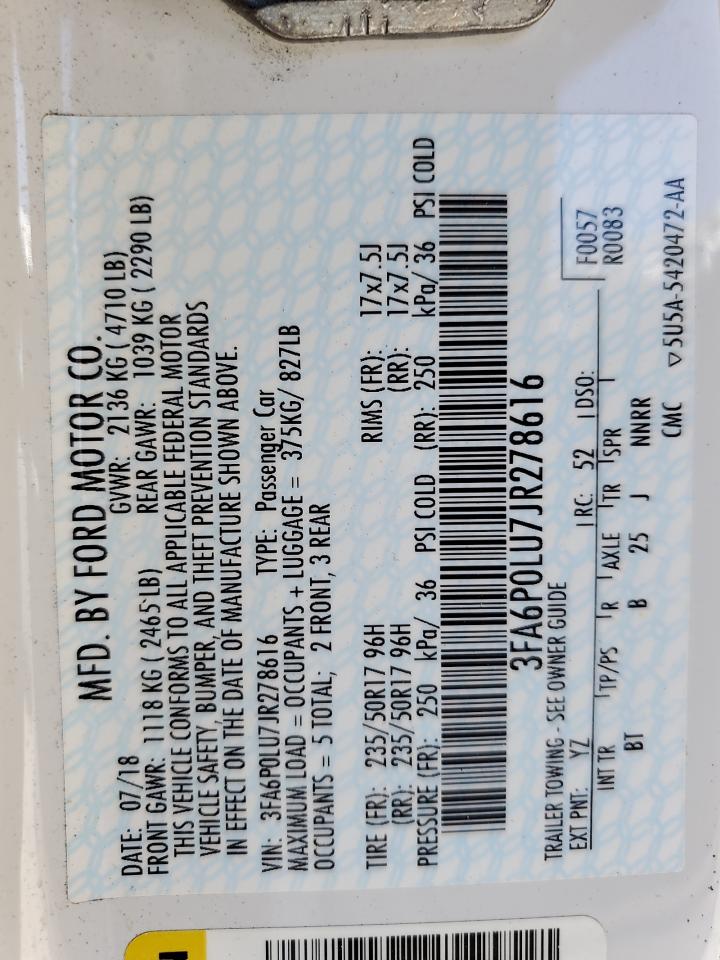 2018 Ford Fusion Se Hybrid VIN: 3FA6P0LU7JR278616 Lot: 56829845