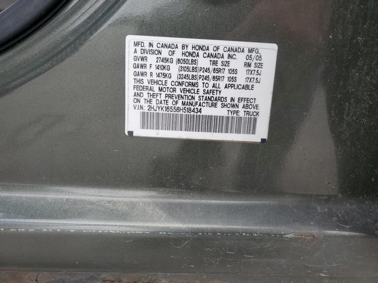 2006 Honda Ridgeline Rtl VIN: 2HJYK16556H518434 Lot: 56482655