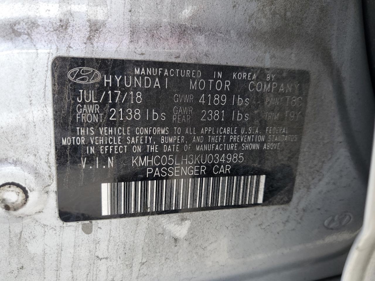 2019 Hyundai Ioniq Limited VIN: KMHC05LH3KU034985 Lot: 53751755