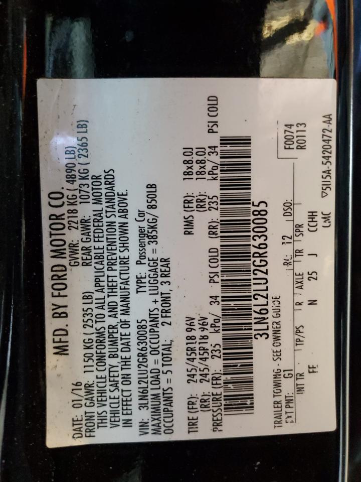 2016 Lincoln Mkz Hybrid VIN: 3LN6L2LU2GR630085 Lot: 56920435