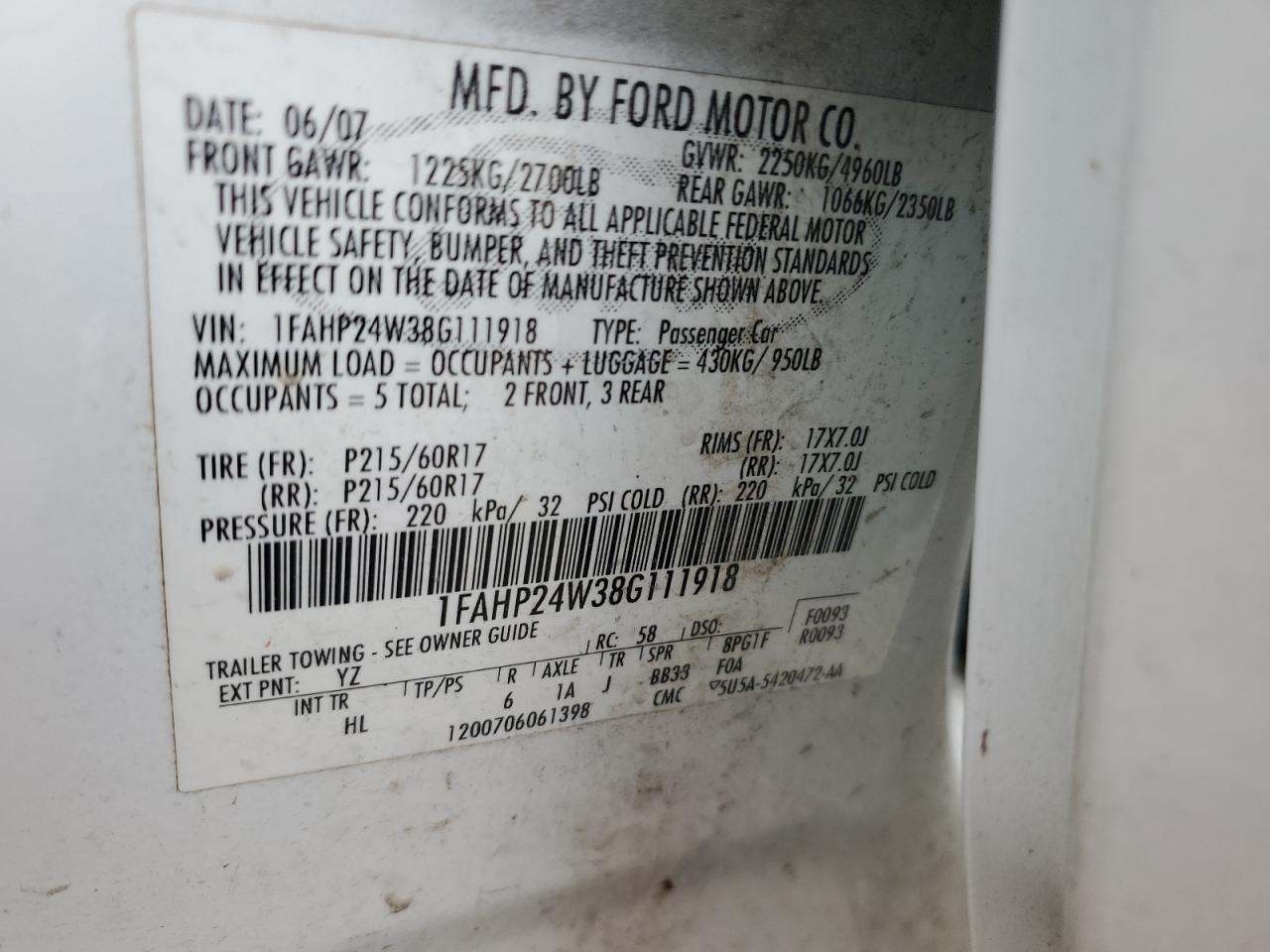 2008 Ford Taurus Sel VIN: 1FAHP24W38G111918 Lot: 55752305