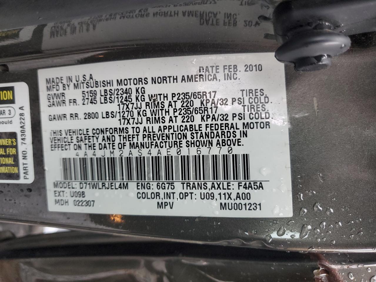 2010 Mitsubishi Endeavor Ls VIN: 4A4JM2AS4AE016770 Lot: 58709015
