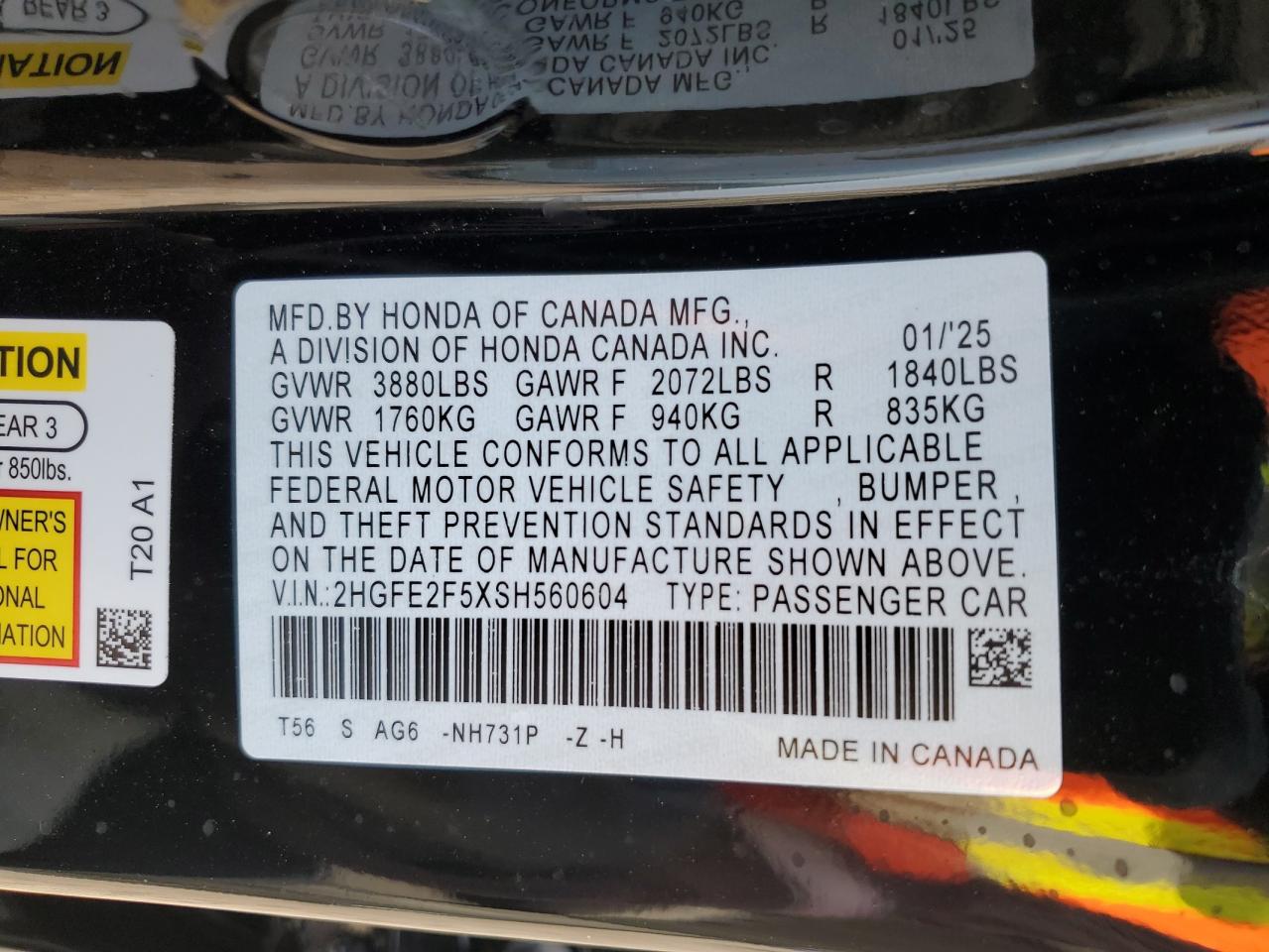 2hgfe2f5xsh560604 2HGFE2F5XSH560604 2025 Honda Civic Sport
