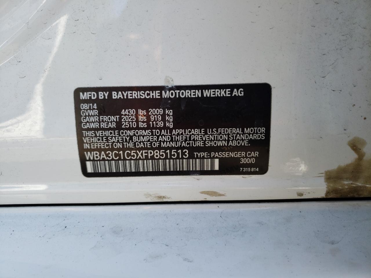 2015 BMW 328 I Sulev VIN: WBA3C1C5XFP51513 Lot: 57720015
