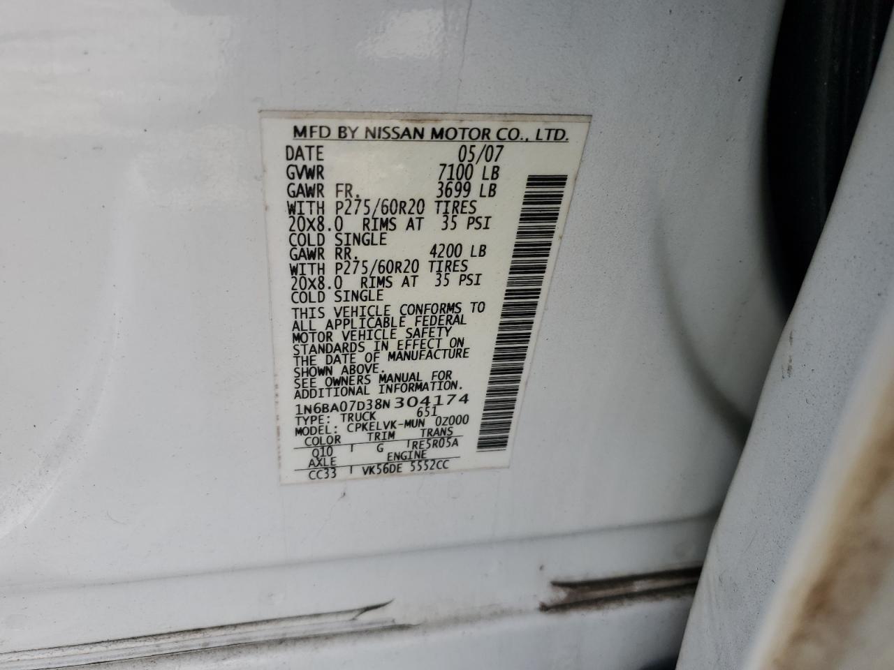 2008 Nissan Titan Xe VIN: 1N6BA07D38N304174 Lot: 54891705