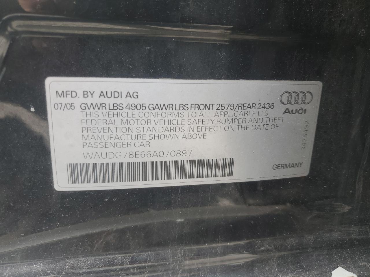2006 Audi A4 3.2 Quattro VIN: WAUDG78E66A070897 Lot: 56791715