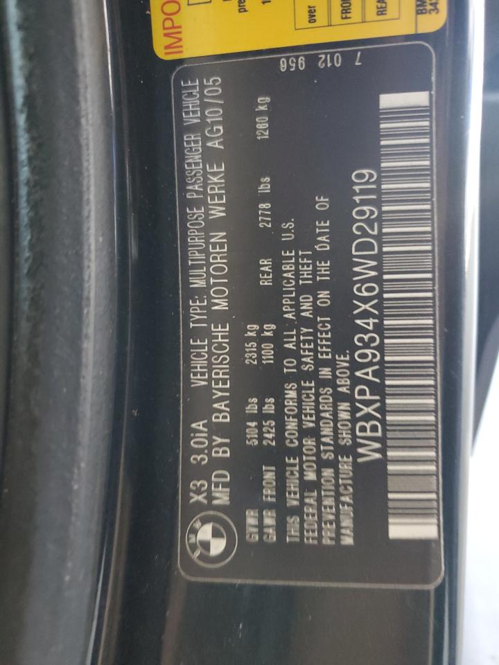 2006 BMW X3 3.0I VIN: WBXPA934X6WD29119 Lot: 57905095