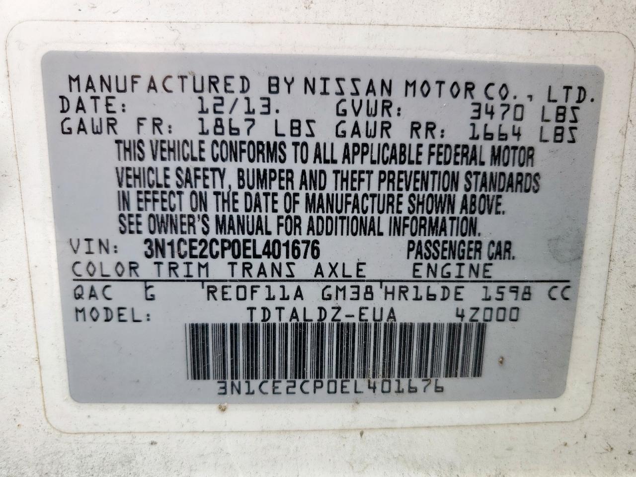2014 Nissan Versa Note S VIN: 3N1CE2CP0EL401676 Lot: 56372395