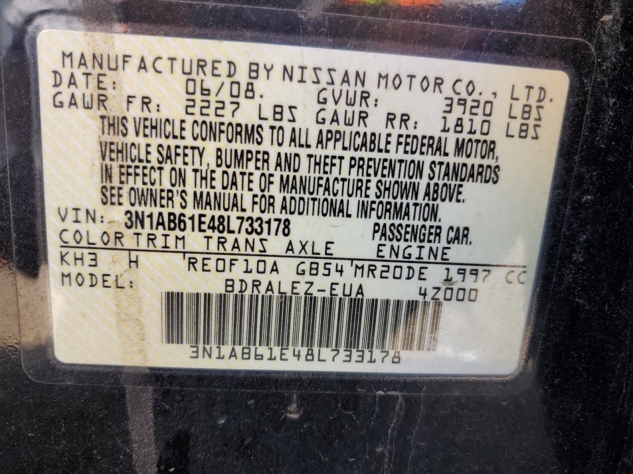 2008 Nissan Sentra 2.0 VIN: 3N1AB61E48L733178 Lot: 58017645