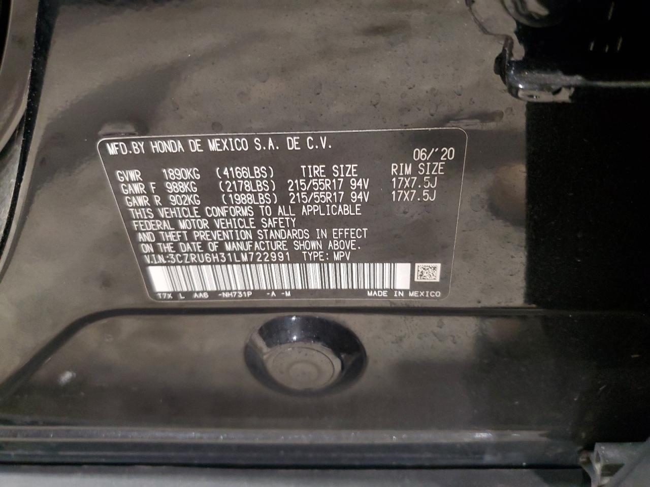 2020 Honda Hr-V Lx VIN: 3CZRU6H31LM722991 Lot: 57258555