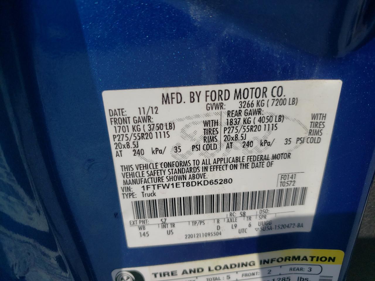 2013 Ford F150 Supercrew VIN: 1FTFW1ET8DKD65280 Lot: 56330965