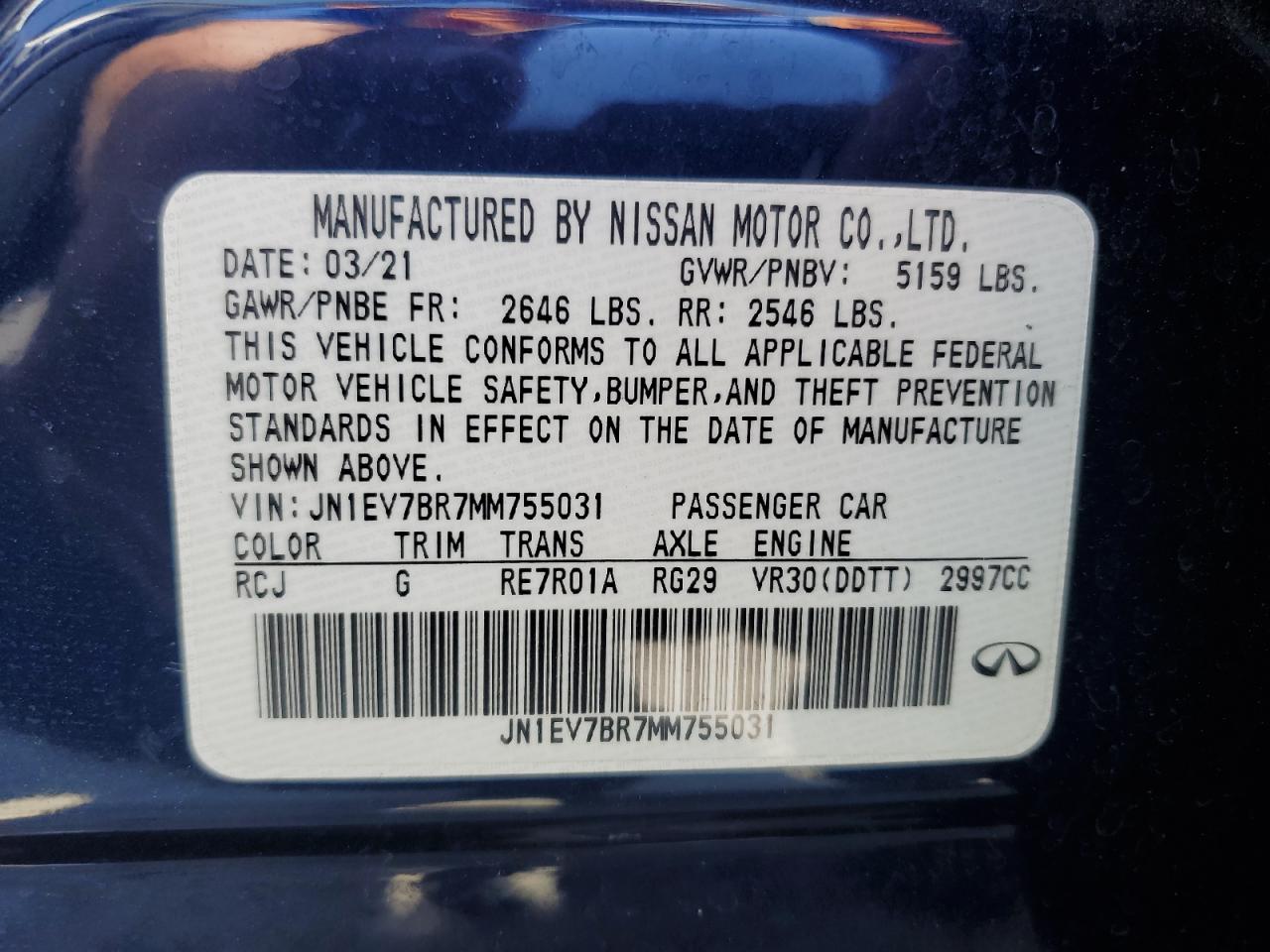 2021 Infiniti Q50 Luxe VIN: JN1EV7BR7MM755031 Lot: 57383075