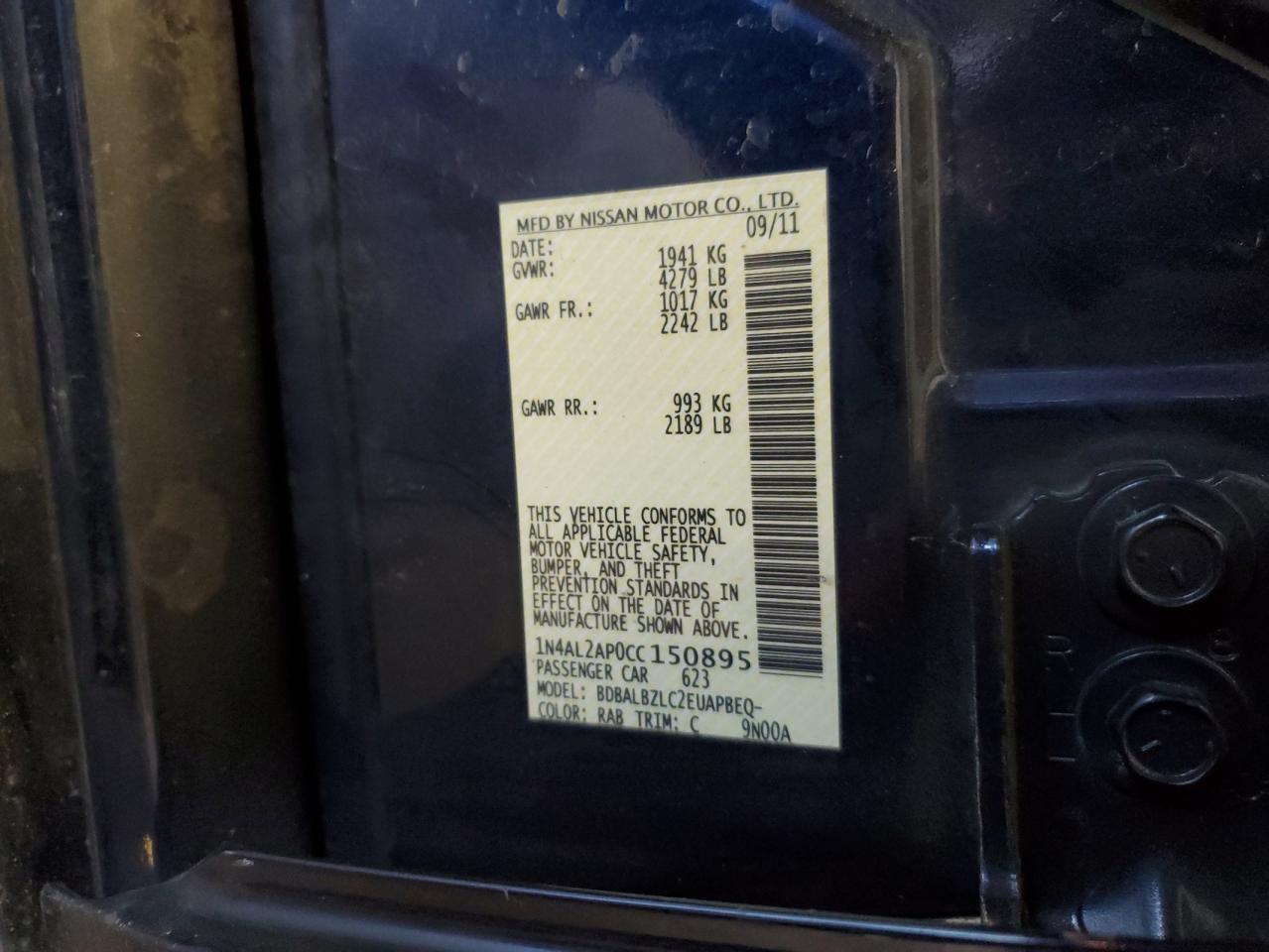 2012 Nissan Altima Base VIN: 1N4AL2AP0CC150895 Lot: 56851245