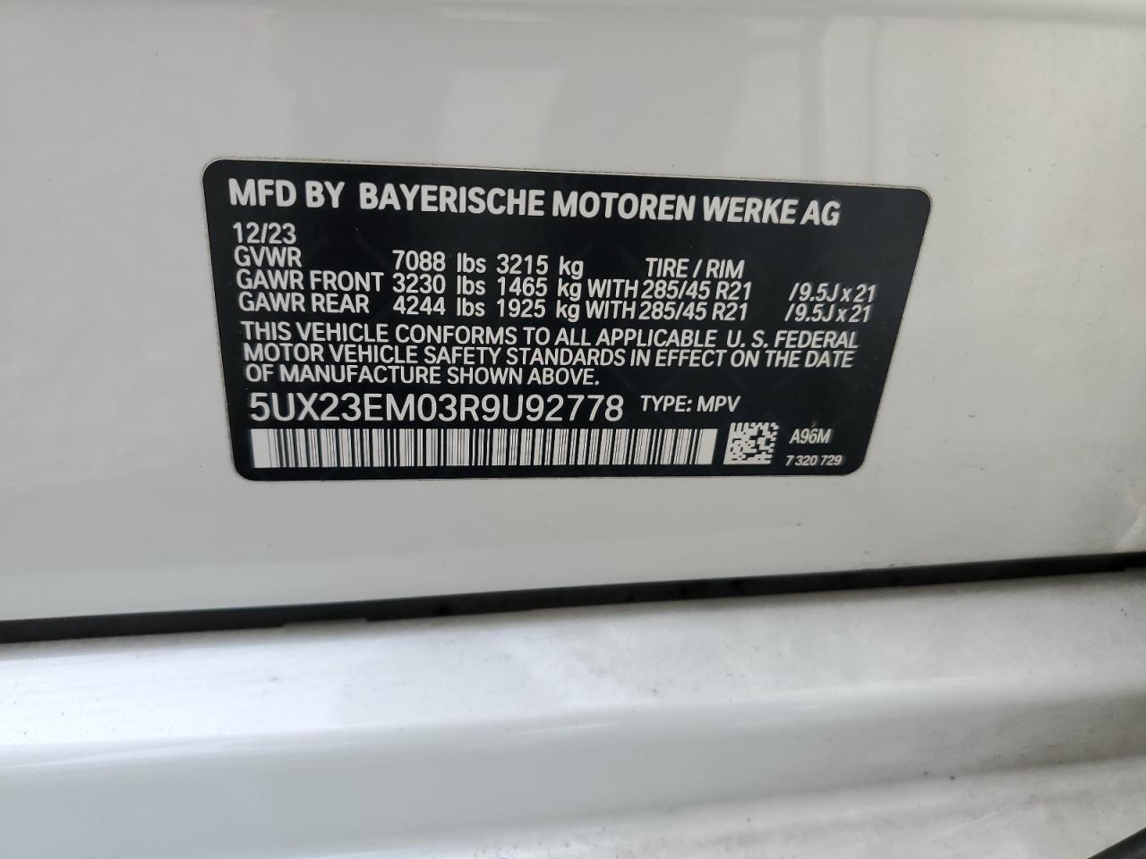 2024 BMW X7 xDrive40I VIN: 5UX23EM03R9U92778 Lot: 56523135