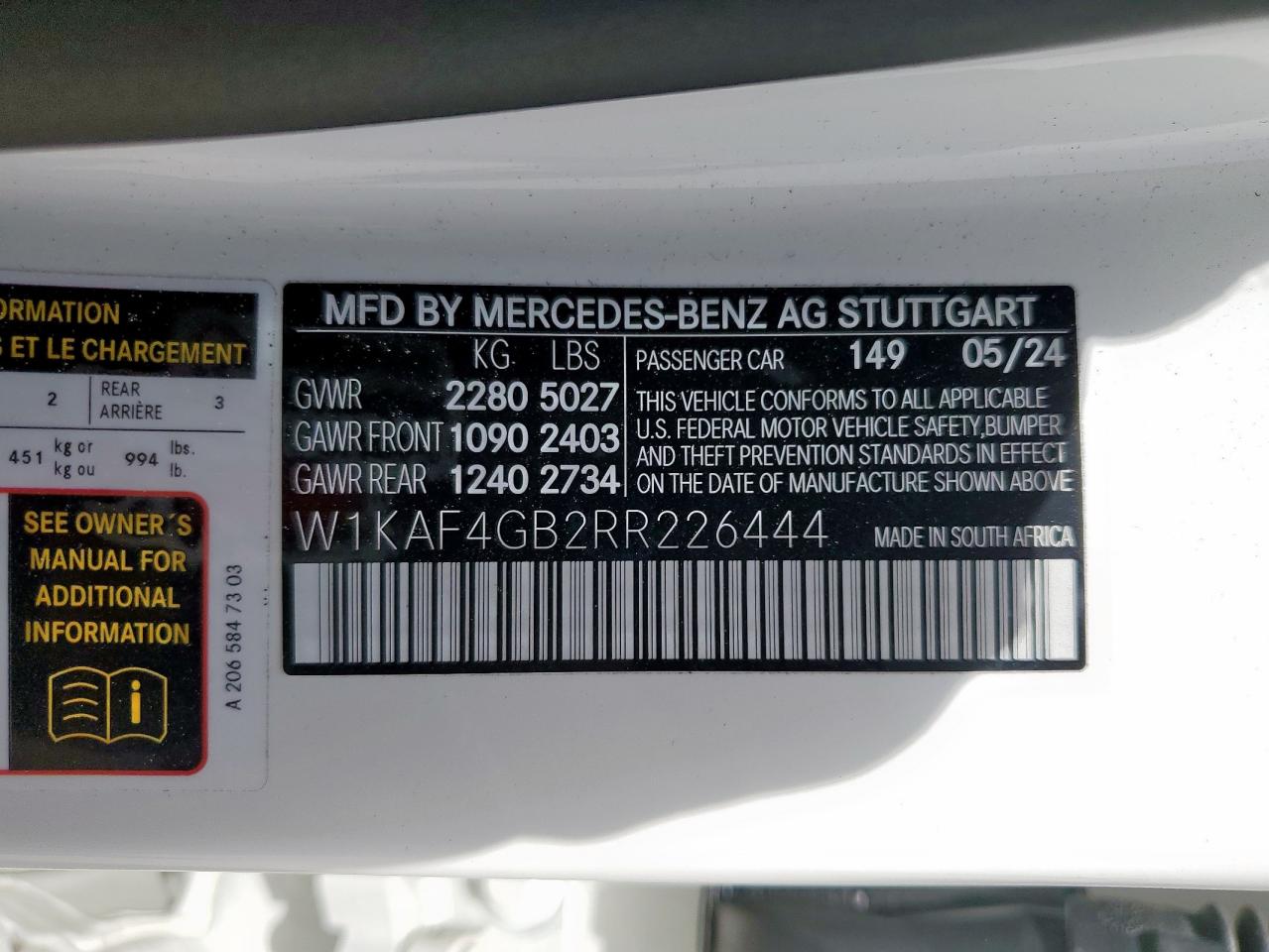 2024 Mercedes-Benz C 300 VIN: W1KAF4GB2RR226444 Lot: 57131195