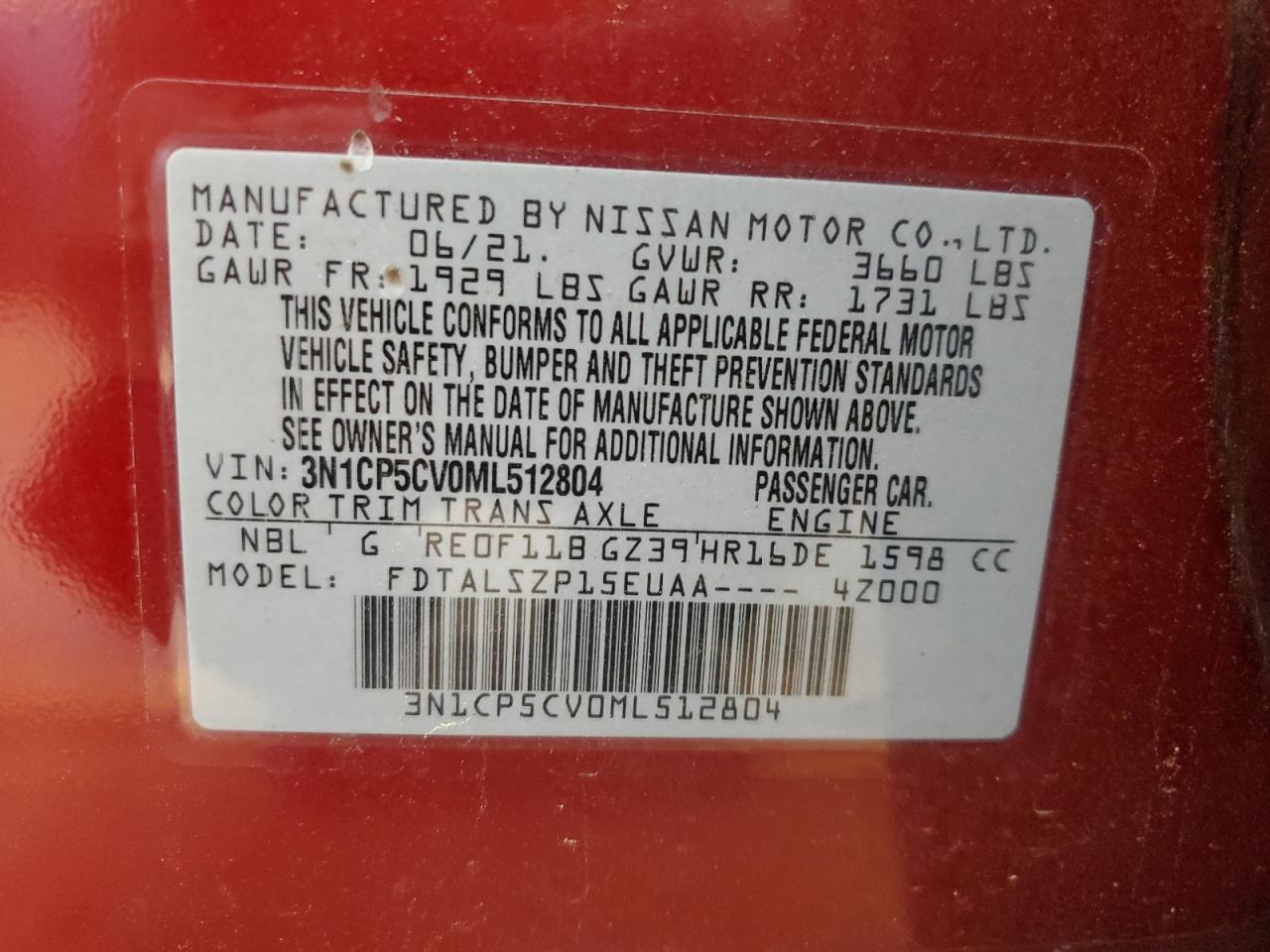 2021 Nissan Kicks Sv VIN: 3N1CP5CV0ML512804 Lot: 57218425