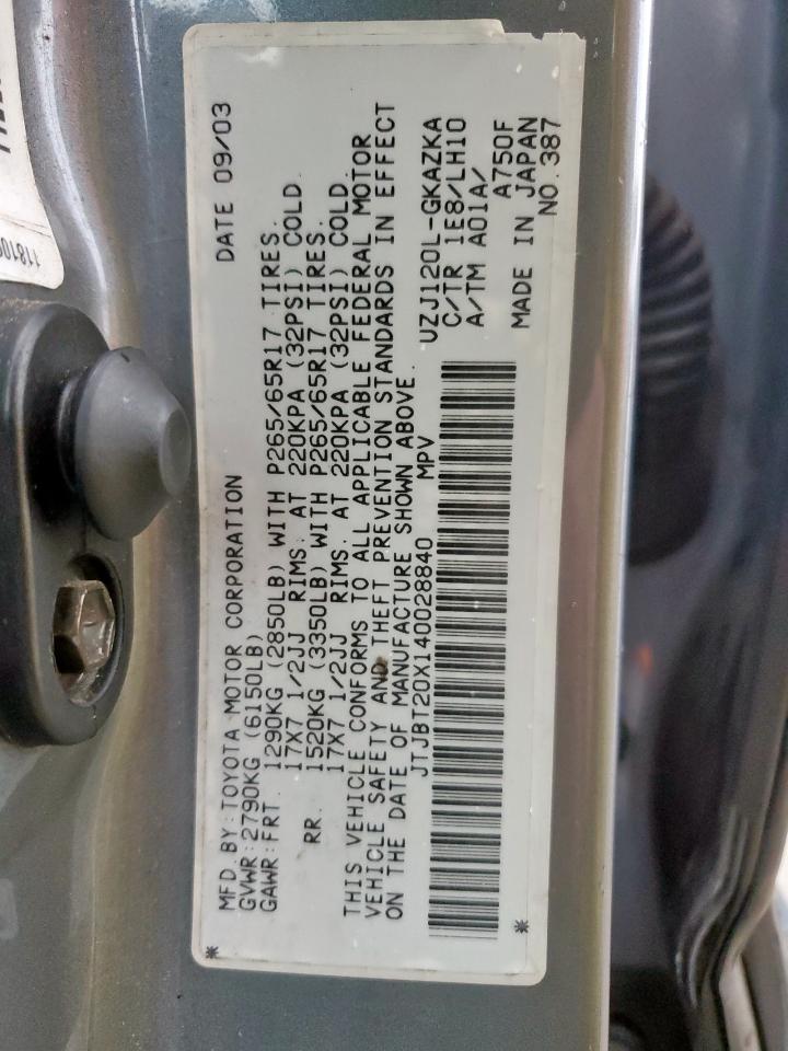 2004 Lexus Gx 470 VIN: JTJBT20X140028840 Lot: 53858685