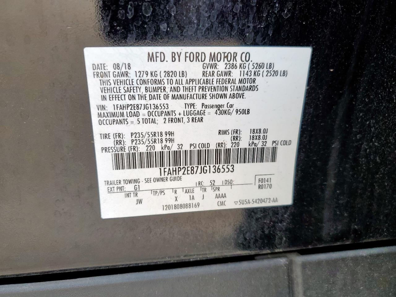 2018 Ford Taurus Sel VIN: 1FAHP2E87JG136553 Lot: 57759635