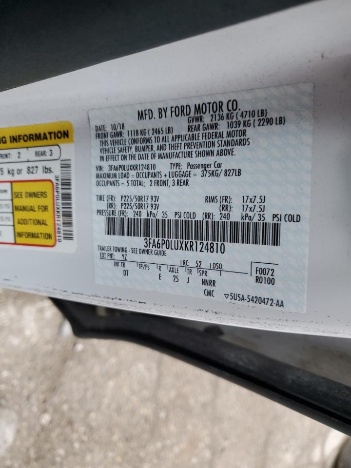 2019 Ford Fusion Se VIN: 3FA6P0LUXKR124810 Lot: 54030035