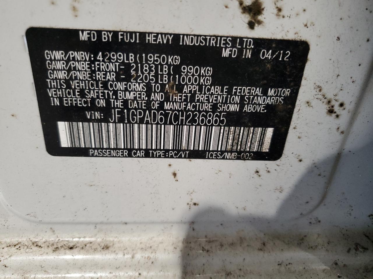 2012 Subaru Impreza Premium VIN: JF1GPAD67CH236865 Lot: 56661805