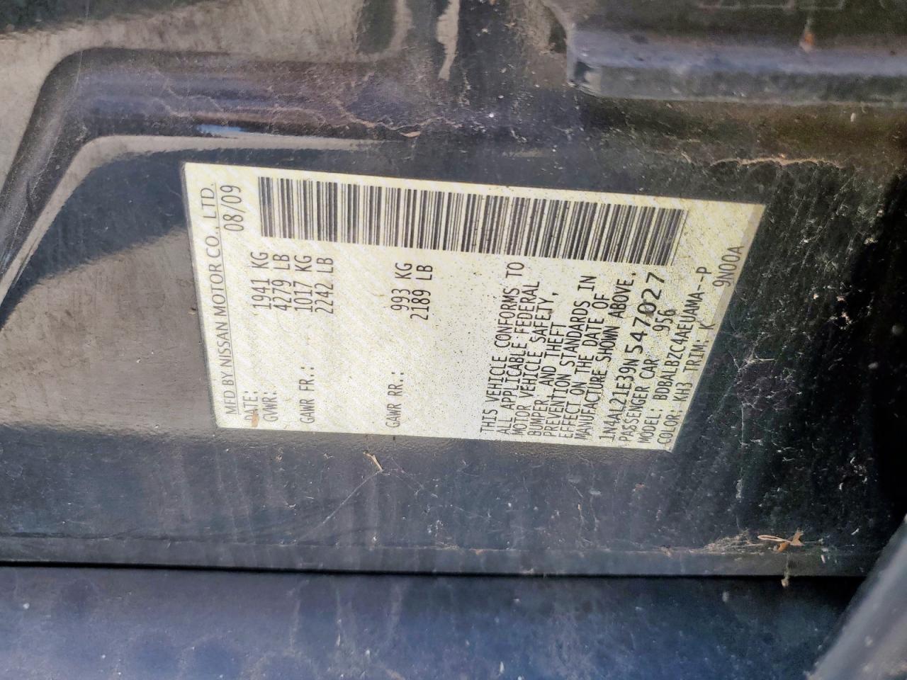 2009 Nissan Altima 2.5 VIN: 1N4AL21E39N547027 Lot: 56887945