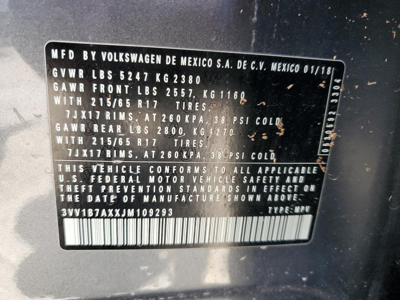 2018 Volkswagen Tiguan S VIN: 3VV1B7AXXJM109293 Lot: 55802845