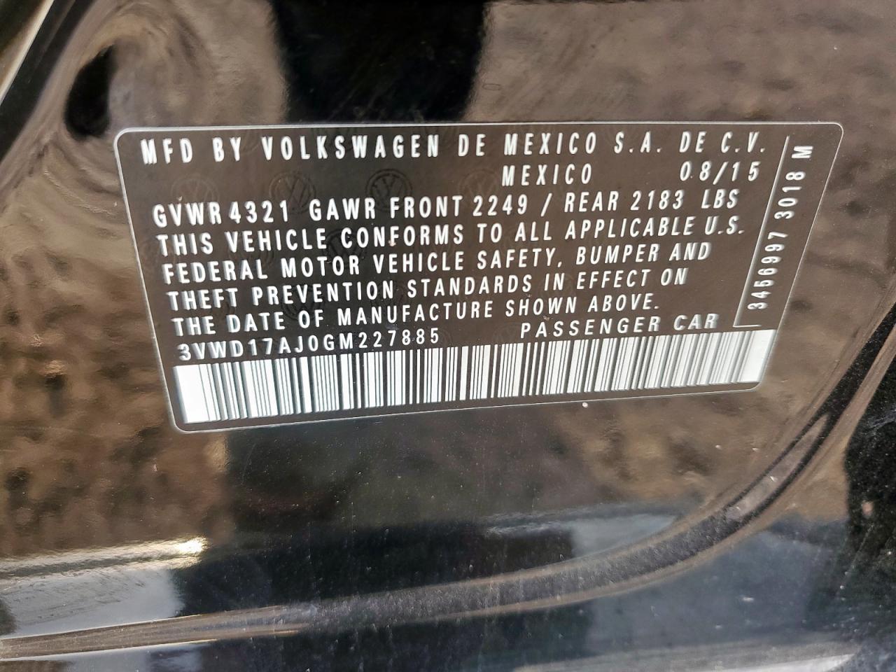 2016 Volkswagen Jetta Sport VIN: 3VWD17AJ0GM227885 Lot: 57403635