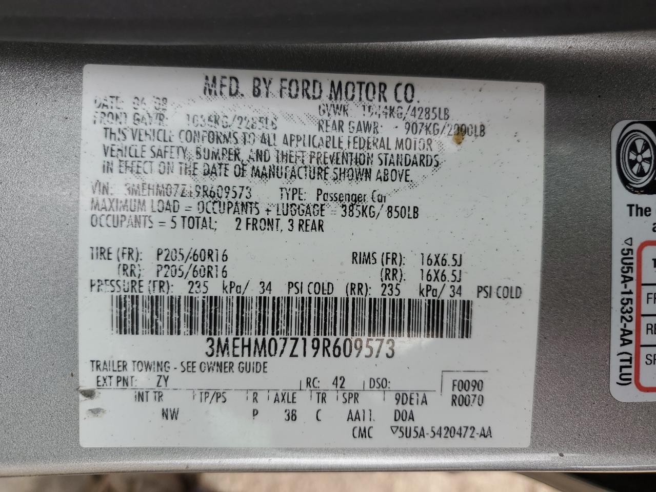 2009 Mercury Milan VIN: 3MEHM07Z19R609573 Lot: 55428575