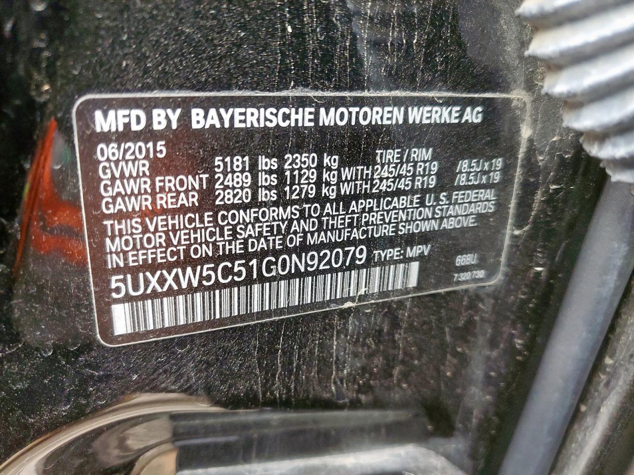 2016 BMW X4 xDrive35I VIN: 5UXXW5C51G0N92079 Lot: 57079415