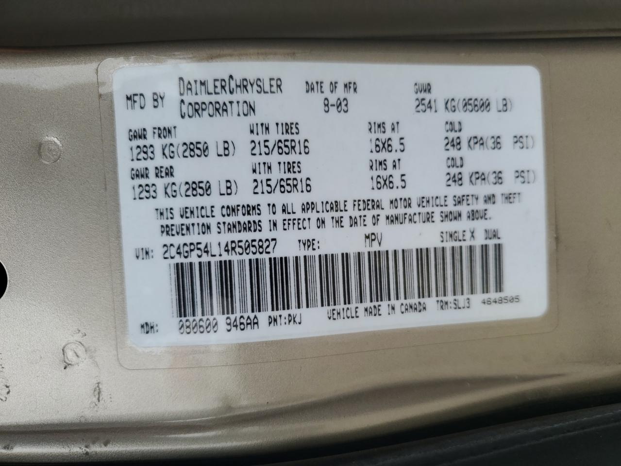2004 Chrysler Town & Country Touring VIN: 2C4GP54L14R505827 Lot: 55794465