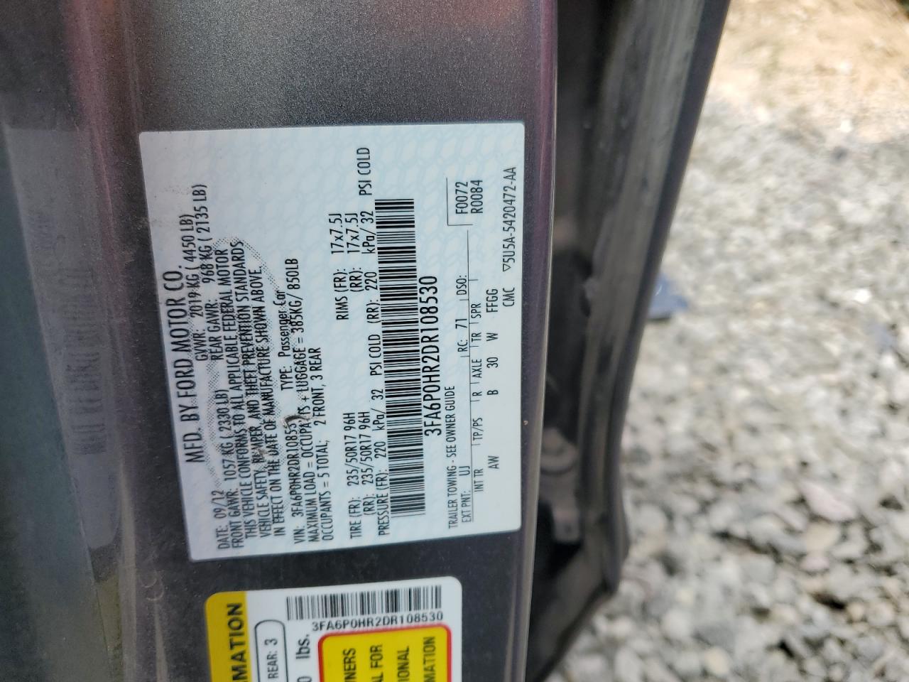 2013 Ford Fusion Se VIN: 3FA6P0HR2DR108530 Lot: 68705465