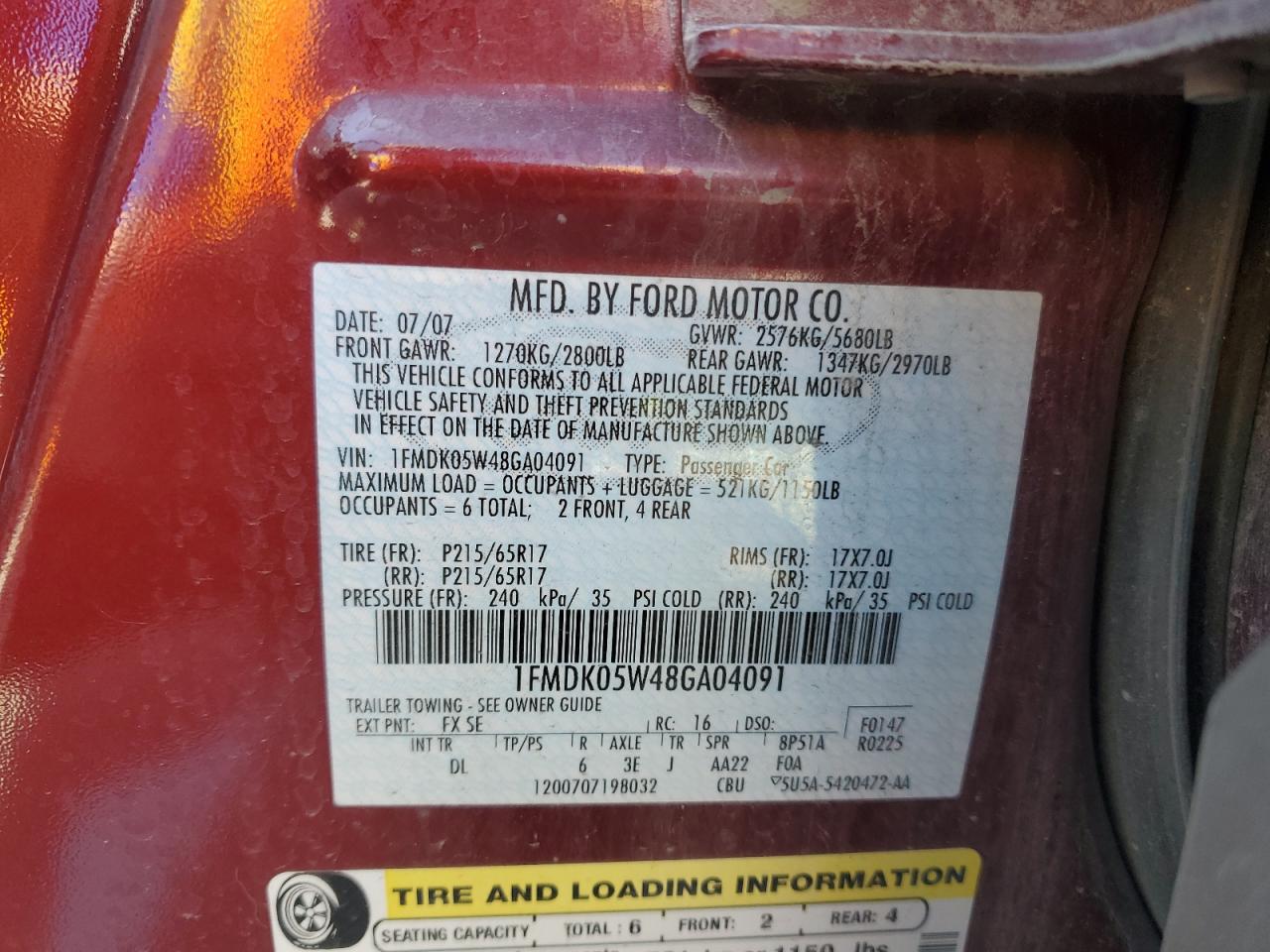 2008 Ford Taurus X Sel VIN: 1FMDK05W48GA04091 Lot: 55272345