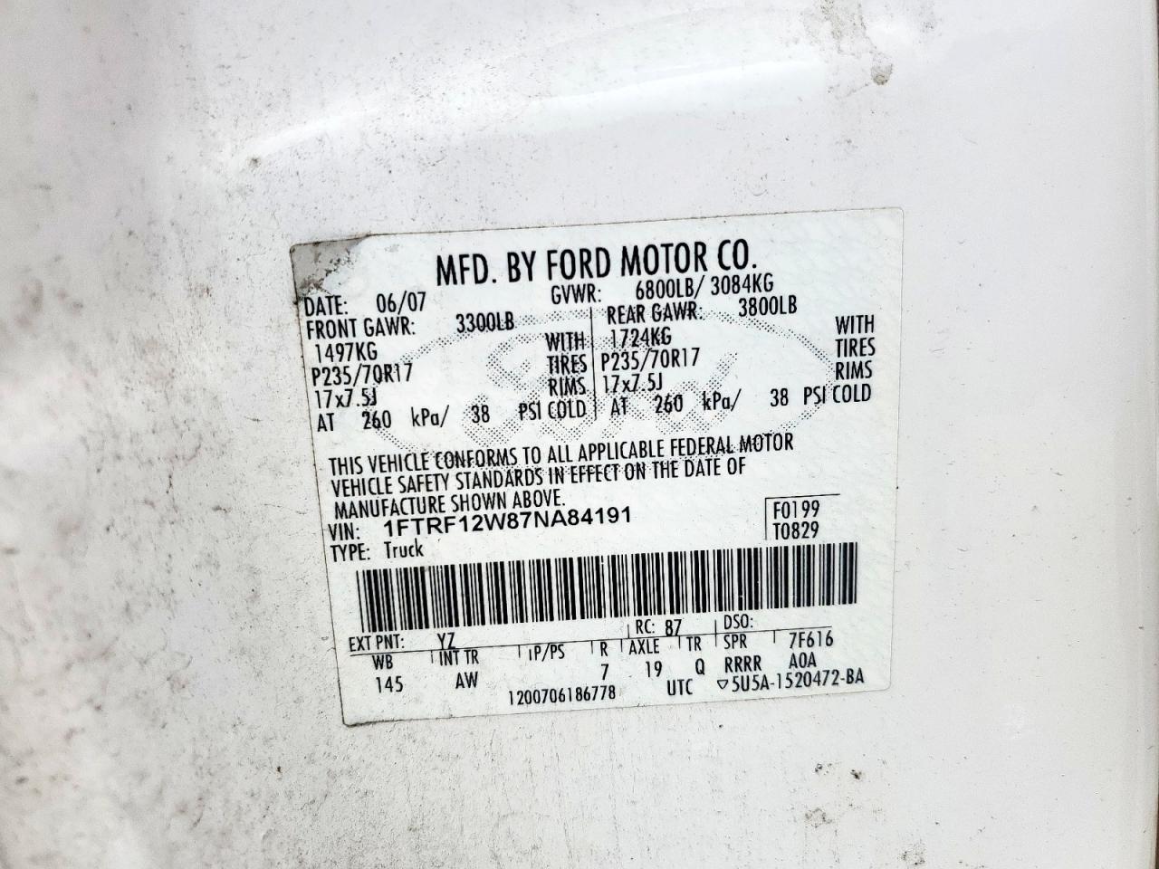 2007 Ford F150 VIN: 1FTRF12W87NA84191 Lot: 56354475